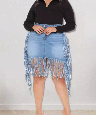 Plus Size Solid Color Tassel Denim Skirt