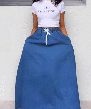 Denim Elastic Waist Drawstring High Waist A Line Maxi Skirt with Pockets