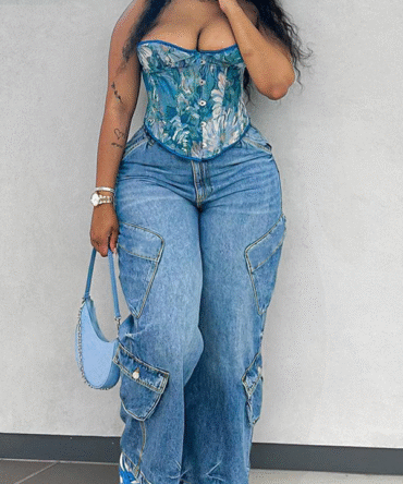 Denim Multi Pocket High Waisted Straight Leg Jeans