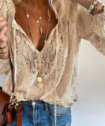 Boho Lace Hollow Out V Neck Long Sleeve Top