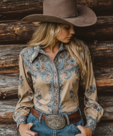 Women's Vintage Western Floral Design Cotton And Linen Blend Shirt