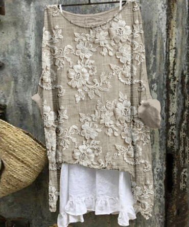 Vintage Floral Lace Embroidered Linen Blend Flowy Tunic