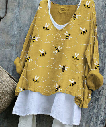 Flying Bees Embroidery Pattern Linen Blend Tunic