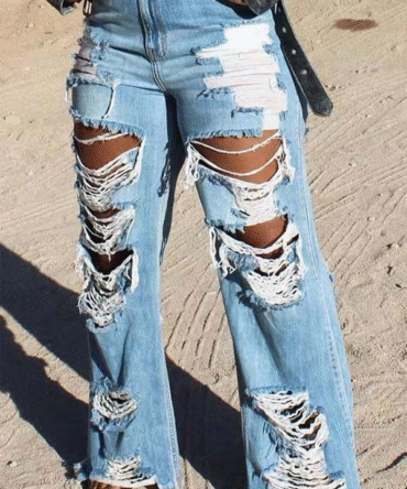 Plus Size Denim Hole Distressed Wide Leg Tassel Jeans