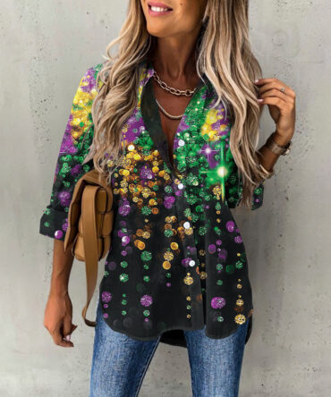 Mardi Gras Print Long Sleeve Casual T-Shirt