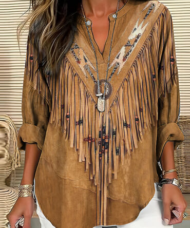 Vintage Western Tassels Print Loose Casual Cotton Linen Blouse