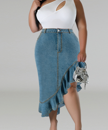 Plus Size Irregular Ruffled Denim Skirt