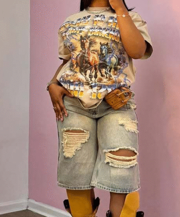 Ripped Denim Knee Length Shorts