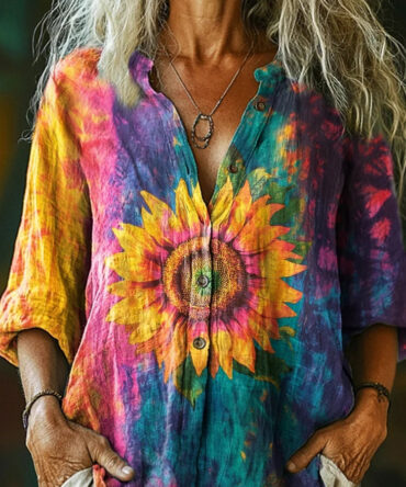 Women's Colorful Tie-dye Sunflower Art Print Casual Linen Shirt
