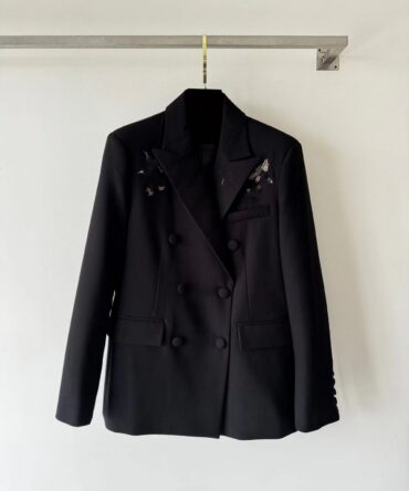 Tailored Coat Women Autumn Winter Black Velvet Spliced Turn-down Collar Double Breasted Embroidery Suit Jacket Female Clothes