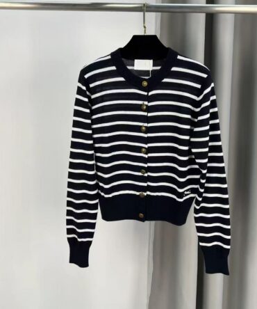 Women Casual Black White Stripe Sweater Cardigan