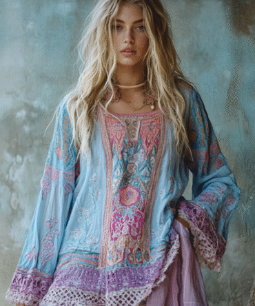 Retro Bohemian Boho Purple Floral Embroidered Color Block Patchwork Linen Blend Loose Tunic