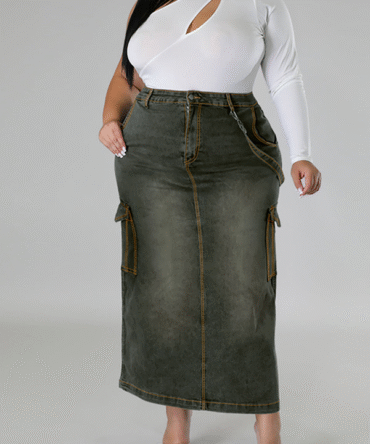 Plus Size Retro Denim Skirt With Pockets