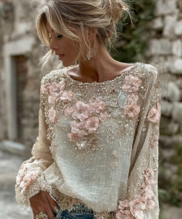 Women's Vintage Pink Flower Embroidery Art Long Sleeve Blouse