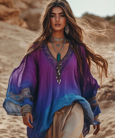 Women's Boho Gradient Floral Embroidery Print Cotton Linen Blend Loose Blouse
